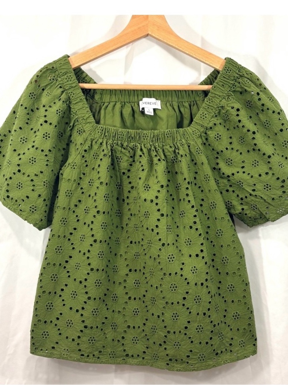 Evereve Olive Green Eyelet Puff-Sleeve Top, NWT
